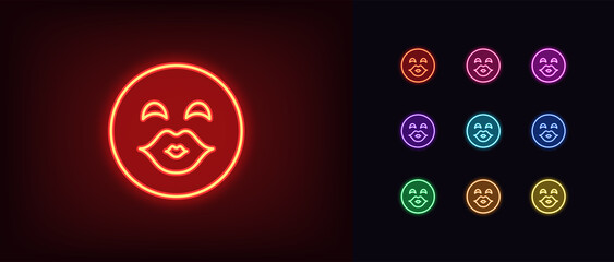Wall Mural - Outline neon kiss emoji icon. Glowing neon love emoticon with kissing lips and squinting eyes, kissing face pictogram