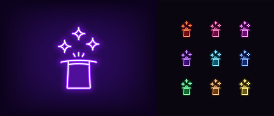 Outline neon magic hat icon. Glowing neon magical hat with rays and stars, wizard cap pictogram. Illusionist hat