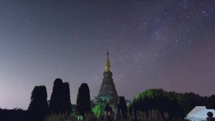 Wall Mural - time lapse 4k of star trails moving over a sacred temple at doi inthanon national park, chiang mai, 