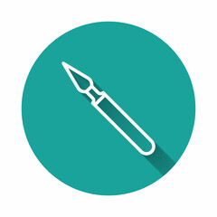 Sticker - White line Medical surgery scalpel tool icon isolated with long shadow. Medical instrument. Green circle button. Vector Illustration