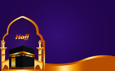 Wall Mural - Abstract golden gate of the mosque and kabaah alharam mosque in desert with purple background. Hajj concept. Vector Illustration.