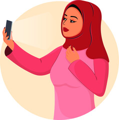 Wall Mural - Arabic young woman in hijab making selfie, Muslim girl in fashion traditional dress from UAE or Saudi Arabia posing, islamic model vector illustration