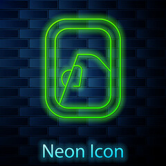 Sticker - Glowing neon line Airplane window icon isolated on brick wall background. Aircraft porthole. Vector