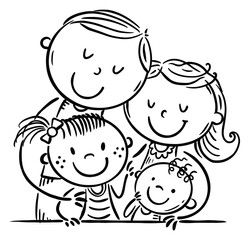 Leinwandbilder - Hugging kids parents embrace their children, outline cartoon image