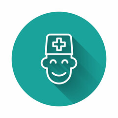 Sticker - White line Male doctor icon isolated with long shadow background. Green circle button. Vector