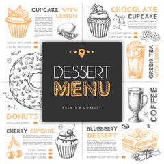 Wall Mural - Dessert restaurant menu design with hand drawing cupcakes. Vector illustration