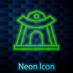 Sticker - Glowing neon line Traditional Korean temple building icon isolated on brick wall background. Vector