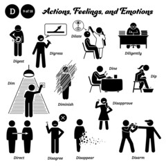 Stick figure human people man action, feelings, and emotions icons alphabet D. Digest, digress, dilate, diligently, dim, diminish, dine, dip, disapprove, direct, disagree, disappear, and disarm.