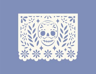 Wall Mural - Mexican papel picado, perforated paper flag with cut pattern of skull. Traditional pecked banner for Mexico holiday of death, dead, Dia de los Muertos. Isolated flat graphic vector illustration