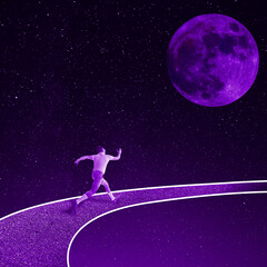 Young stylish man running down the road for his dream isolated over purple background. Concept of retro fashion, creativity, space. Contemporary art collage.