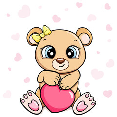 cartoon child teddy bear sits and holds heart, congratulates on holiday. greeting card vector for girls
