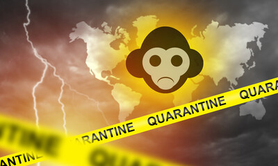 Wall Mural - Monkeypox quarantine. Monkeypox logo with world map. Yellow quarantine tape due to monkeypox. Metaphor of global lockdown. Simian virus infection. Deadly smallpox disease. 3d rendering.