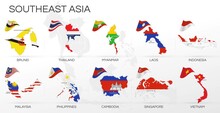 Southeast Asia Map And National Flag Emblem Infographic. Global Business Marketing. ASEAN. Capital City. Brunei, Thailand, Myanmar, Laos, Indonesia, Malaysia, Philippines, Cambodia, Singapore, Vietnam
