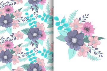 Wall Mural - Flower bouquet with seamless pattern. Floral background set