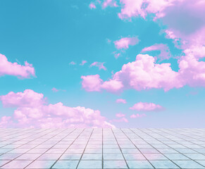 pink clouds, blue sky, gray floor.