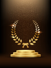 golden podium with laurel glowing. gold stage with glitter and light fog on dark background. hollywo