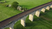 View Over Arthington Viaduct And Fields Near Otley In The Yorkshire Countryside. Drone Aerial View
