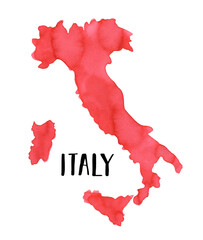 Watercolour illustration of Italy Map Silhouette in bright red color with artistic brushstrokes. Hand painted water colour graphic drawing on white, cut out element for design, paper, t-shirt print.