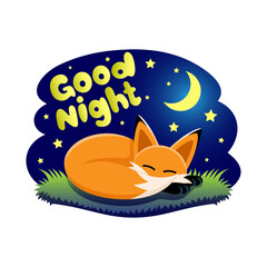 Wall Mural - Illustration for a good night with a sleeping fox on the grass.