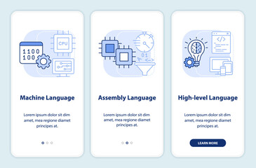 Types of computer languages light blue onboarding mobile app screen. Walkthrough 3 steps graphic instructions pages with linear concepts. UI, UX, GUI template. Myriad Pro-Bold, Regular fonts used