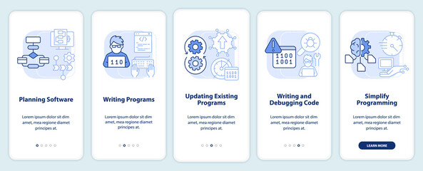 Programming skills light blue onboarding mobile app screen. Walkthrough 5 steps graphic instructions pages with linear concepts. UI, UX, GUI template. Myriad Pro-Bold, Regular fonts used