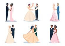 Set Of Happy Bride And Groom Getting Married. Flat Vector Illustration Of Man And Woman In Love In Wedding Clothes Isolated On White Background.