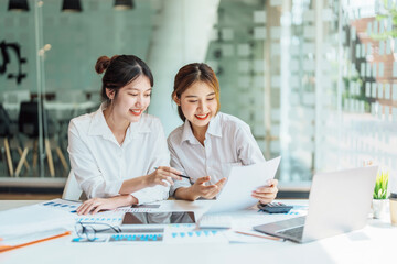 Wall Mural - Negotiation, Analysis, Discussion:  Portrait of an Asian woman economist and marketer pointing to a financial data sheet to plan investments to prevent risks and losses for the company