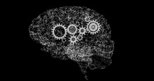 Image Of Brain Rotating Over Black Background With Gears