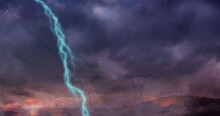Image Of Storm With Blue Lightnings And Grey Clouds Over Electric Pylons