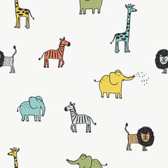 Wall Mural - Seamless pattern with cute hand drawn animals