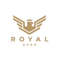 flying royal eagle logo. abstract bird crown icon. gold hawk emblem. luxury falcon shield symbol. ve