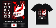 Vector Illustration In Japanese Urban Abstract Style For T-shirt Or Poster Design - Demon Fox. Japan Urban Streetwear T-shirt Design With Mockup Illustration.
