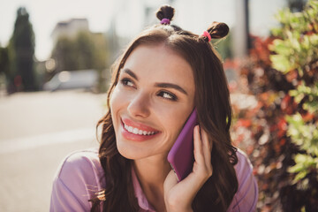 Sticker - Photo of funky young brunette lady wear pink shirt talk telephone outside city