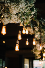 Vintage Style Light Bulbs Hanging From The Ceiling. Wedding And Holidays Concept