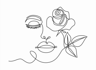 Woman face continuous one line vector drawing. Style templates with abstract female face and rose. Modern minimalist simple linear style. Beauty fashion design