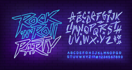 Wall Mural - Rock Party Neon Light sign with type font - editable vector template. Neon tube letters design for Rock music, Light sign. Neon font. Rock Party cyberpunk style lettering design
