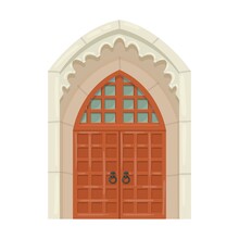 Medieval Doors Cartoon Illustration. Heavy Old Wooden Gates To Dungeon Or Portal In Stone. Building Facade, Fantasy Concept