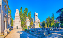 Mausoleums And Tombs In Memorial Cemetery Are The Masterpieces Of Funeral Architectural Artworks, Milan, Italy