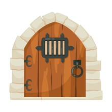 Medieval Castle Doors Cartoon Illustration. Heavy Old Wooden Gates To Dungeon Or Portal In Stone. Building Facade, Fantasy Concept