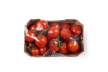 Cherry Tomatoes - Cardboard Package Wrapped In Clear Plastic - Top View, Macro Close Up - Isolated On White Background