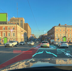 Poster - A modern car drives and scans the road, artificial intelligence analyzes road conditions.