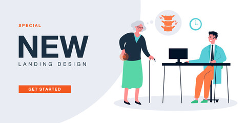 Wall Mural - Old woman with back pain in hospital at doctor appointment. Diagnostics of arthritis, osteoporosis in elderly flat vector illustration. Medicine concept for banner, website design or landing web page