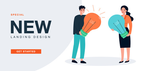 Wall Mural - tiny employees with light bulbs on or off in hands. man holding glowing lightbulb flat vector illust