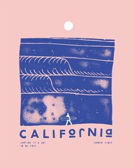 Wall Mural - California surfing lonely surfer on the beach. Distressed minimalistic surfing illustration silkscreen t-shirt print vector illustration.