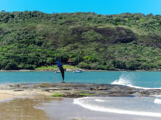 Praia, com grande estátua de Marlin-azul, banhada pelas ondas, muita vegetação e montanhas em volta e lindo céu azul localizada em Vitória no estado do Espírito Santo, Brasil.