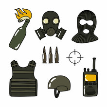 Military Equipment Doodle Icon, Vector Color Line Illustration