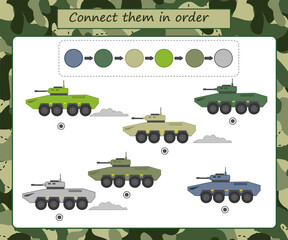 Educational game for preschool children. Connect point by point, according to the sample. Color training. Military equipment. The development of logic and attention. 