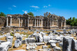 Side Ancient Ruins touristic site in the popular resort town of Side, near Antalya, Turkey. Ancient Greek and Roman style ruin. 