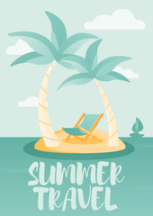 Summer postcard. Illustration of two palmas and sun chair on the island in the sea.