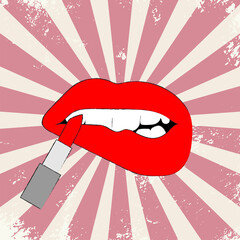 hand-drawn lips with lipstick on a pink vintage shabby background. 2d vector illustration